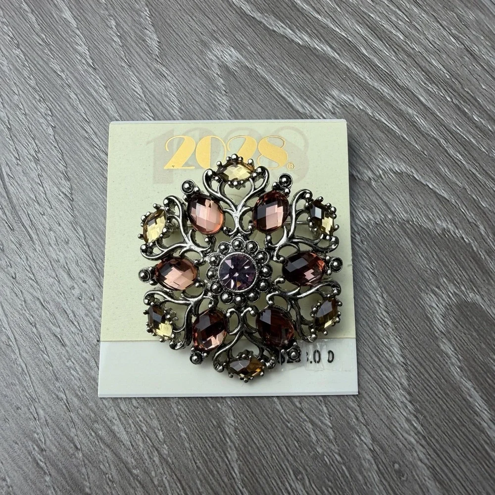 2028 Jewelry Silver Tone Purple Amethyst Topaz Rhinestone Filigree Brooch Pin
